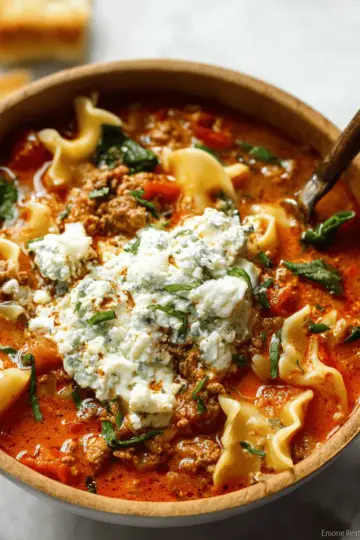 Lasagna Soup with Creamy Basil Ricotta Topping