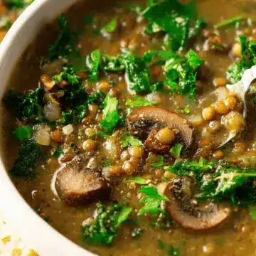Lentil Leek Soup with Mushrooms and Kale