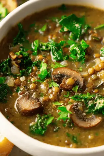 Lentil Leek Soup with Mushrooms and Kale