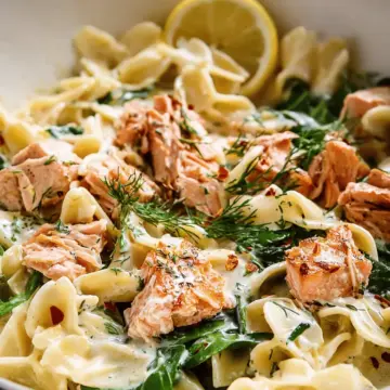 Creamy Salmon Pasta with Mixed Greens