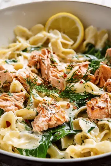 Creamy Salmon Pasta with Mixed Greens