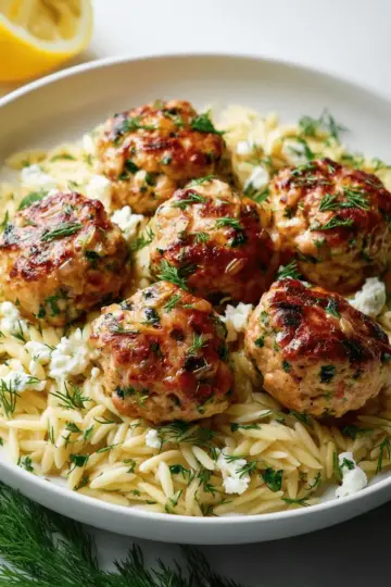 Greek Chicken Meatballs with Lemon Orzo