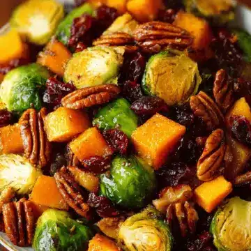 Roasted Brussels Sprouts and Cinnamon Butternut Squash with Pecans and Cranberries