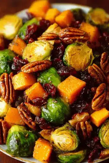Roasted Brussels Sprouts and Cinnamon Butternut Squash with Pecans and Cranberries
