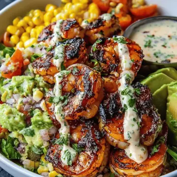Grilled Shrimp Bowl with Avocado, Corn Salsa & Creamy Garlic Sauce