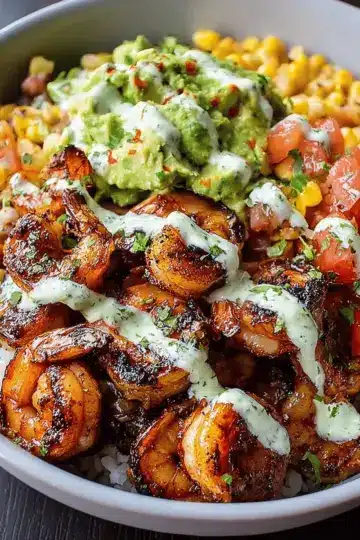 Grilled Shrimp Bowl with Avocado, Corn Salsa & Creamy Garlic Sauce