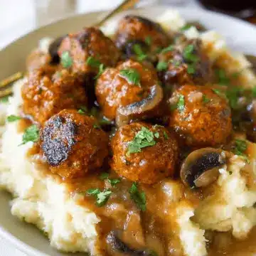 Vegan Salisbury Steak Meatballs with Garlic Mashed Potatoes & Mushroom Gravy