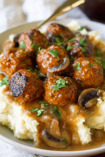 Vegan Salisbury Steak Meatballs with Garlic Mashed Potatoes & Mushroom Gravy