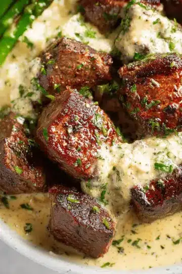 Garlic Butter Steak Bites with Parmesan Cream Sauce