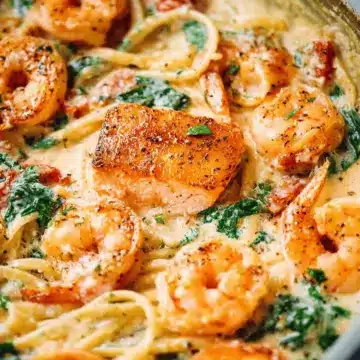 Creamy Tuscan Salmon Shrimp Pasta