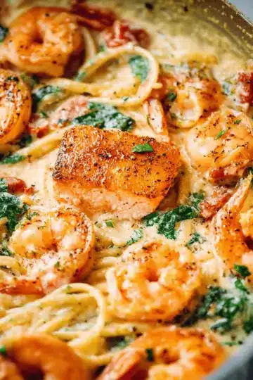 Creamy Tuscan Salmon Shrimp Pasta