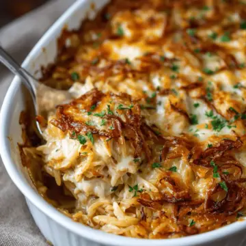 French Onion Chicken Orzo Casserole