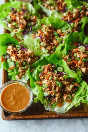 Thai Chicken Lettuce Wraps with Peanut Sauce