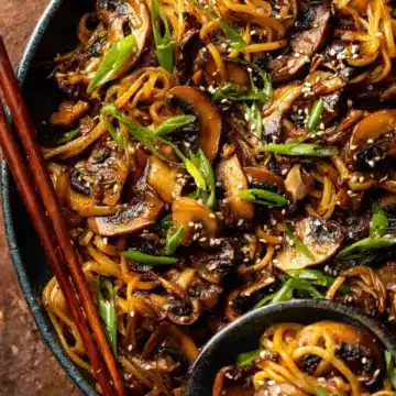 30 Minute Saucy Ginger Sesame Noodles with Caramelized Mushrooms.