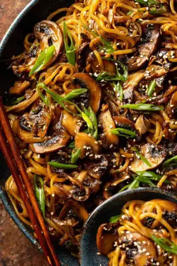 30 Minute Saucy Ginger Sesame Noodles with Caramelized Mushrooms.