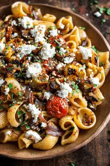 Charred Eggplant Pasta with Tomatoes & Goat Cheese
