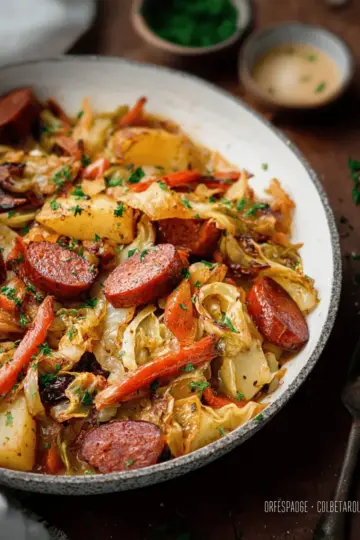 Braised Cabbage with Potatoes and Smoked Sausages