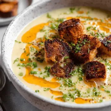 Roasted Garlic Potato Soup with Grilled Cheese Croutons