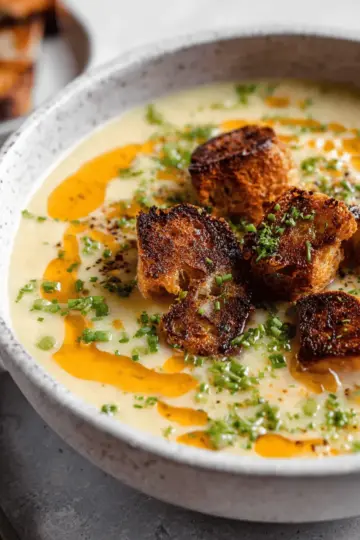 Roasted Garlic Potato Soup with Grilled Cheese Croutons
