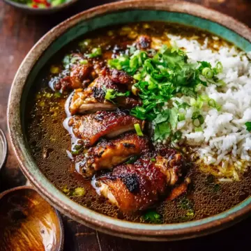 Caramelised Soy Chicken in Garlic Ginger Broth with Rice