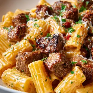Cajun Steak Tips in Cheesy Rigatoni Parmesan Sauce