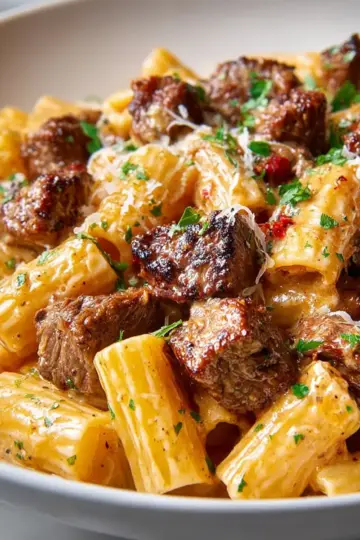 Cajun Steak Tips in Cheesy Rigatoni Parmesan Sauce