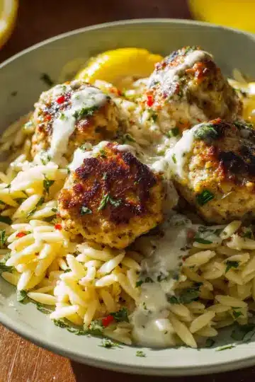 Greek Chicken Meatballs with Lemon Orzo