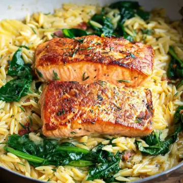 One Skillet Salmon with Lemon Orzo