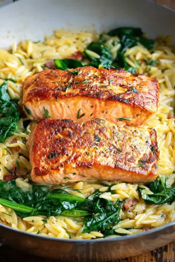 One Skillet Salmon with Lemon Orzo