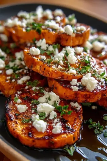 Crispy Roasted Sweet Potato Rounds with Honey and Feta