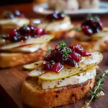 Pear, Brie, and Cranberry Crostini with Thyme Honey