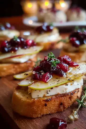 Pear, Brie, and Cranberry Crostini with Thyme Honey