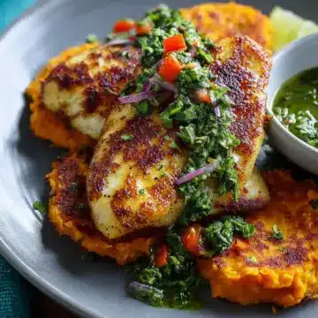 Tasty Tilapia with Sweet Potato Cakes and Chimichurri