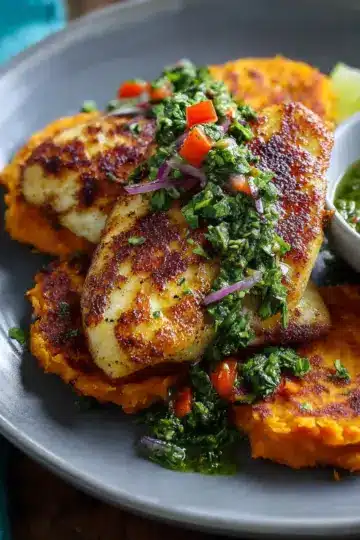 Tasty Tilapia with Sweet Potato Cakes and Chimichurri
