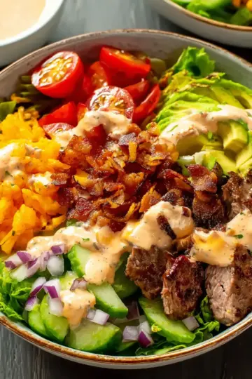 Fully Loaded Burger Bowl with Zesty Special Sauce Delight