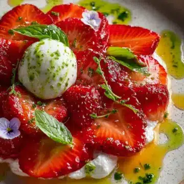 Jewelled Strawberry Burrata Carpaccio with Basil Oil
