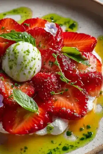 Jewelled Strawberry Burrata Carpaccio with Basil Oil