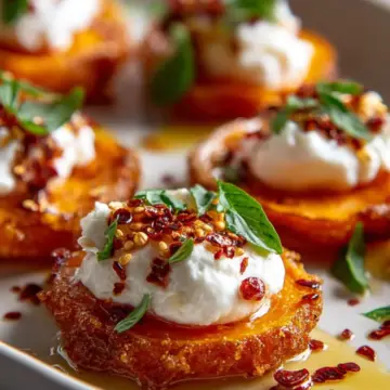 Crispy Sweet Potato Rounds with Burrata and Chili Oil
