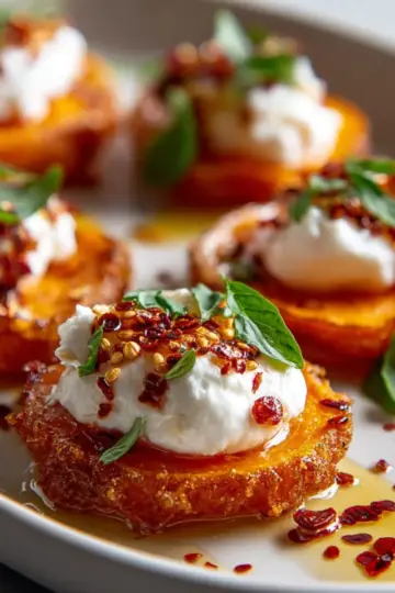 Crispy Sweet Potato Rounds with Burrata and Chili Oil