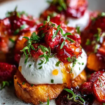 Swicy Roasted Strawberry Burrata with Sweet Potato Crostini