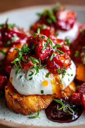 Swicy Roasted Strawberry Burrata with Sweet Potato Crostini