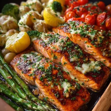 Honey Garlic Butter Salmon Skillet with Cheesy Vegetables