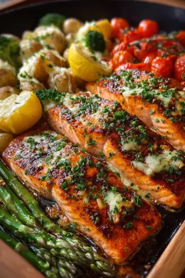 Honey Garlic Butter Salmon Skillet with Cheesy Vegetables
