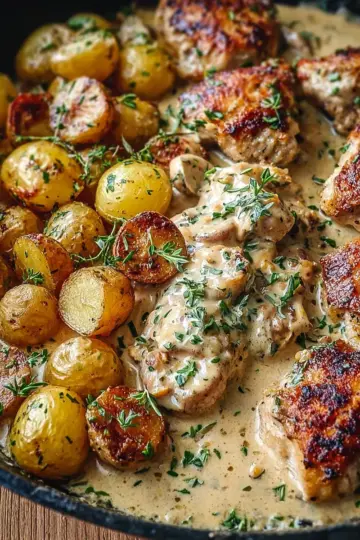 One-Pan Creamy Chicken and Roasted Potatoes Recipe
