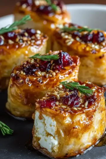 Golden Baked Feta Rolls with Cranberry Honey Glaze